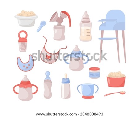 Mealtime accessories for babies vector illustrations set. Porridge bowls, spoons, baby food jar, sippy cups, high chair and feeding bibs on white background. Child care, food concept