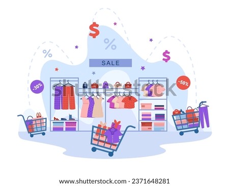 Chaos in shop during sale season vector illustration. Shopping carts filled with discounted items of clothes, rush of Black Friday shopping. Shopping Cart Frenzy concept