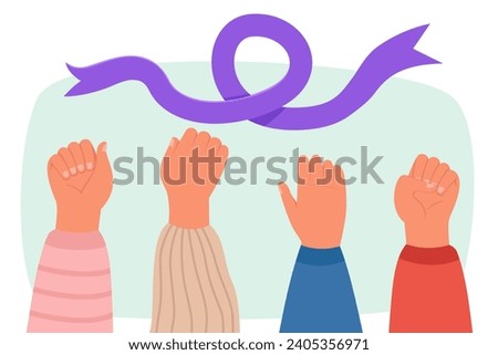 Hands protesting against violence vector illustration. Purple ribbon on background. Gender-based violence, violation of human rights, protests concept
