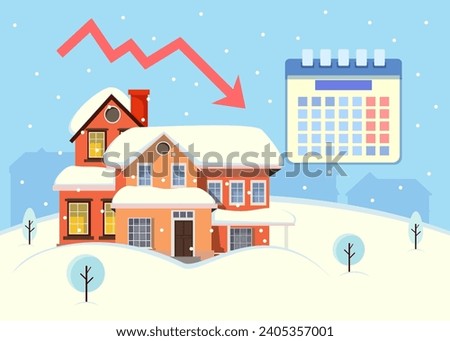 House snowed up, heavy snowfall vector illustration. Calendar, arrow down on background. Increase of monthly precipitation, weather, forecast concept