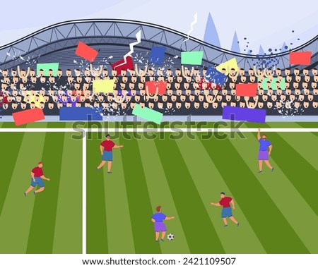 Football players at big stadium vector illustration. Sportsmen playing soccer in front of audience. Sports fans cheering. Football, team, championship, sport events concept