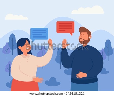 Man and woman using hand gestures to communicate. Vector illustration. Speech bubbles on background. Woman speaking to deaf man with gestures. People learning sign language concept