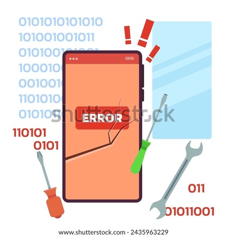 Smartphone with broken glass screen and instruments to repair mobile device. Vector illustration. Screwdrivers, wrench, binary code on background. Repair of smartphone, service concept