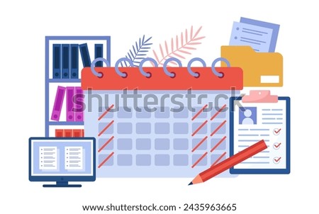 Huge calendar with working days and days-off and pencil. Short working week. Computer, clipboard with documents, bookcase with folders. Vector illustration. Four day working week concept