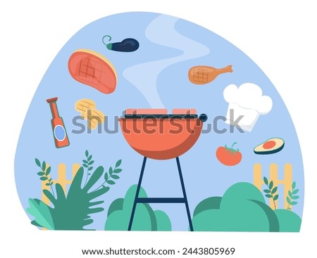 Summer barbecue with grilled meat, vegetables and seasonings. Flat vector illustration. Family dinner, picnic with friends, Fathers day celebration concept