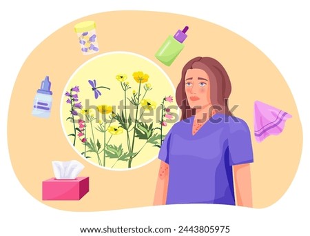 Woman suffering from spring allergies vector illustration. Flowers allergens, handkerchiefs, pills, nasal and eye drops. Seasonal allergies concept.