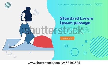 Female yogi stretching body. Young woman doing yoga on mat flat vector illustration. Body training, practice, lifestyle concept for banner, website design or landing web page