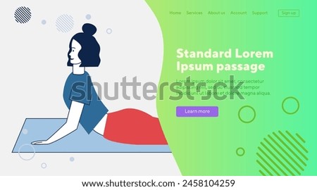 Young girl stretching body. Female yogi doing yoga on mat flat vector illustration. Body training, practice, lifestyle concept for banner, website design or landing web page