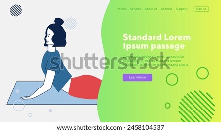 Young woman stretching body. Female yogi doing yoga on mat flat vector illustration. Body training, practice, lifestyle concept for banner, website design or landing web page