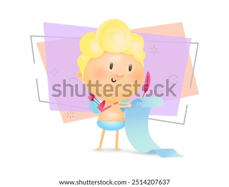 Cupid with letter illustration. Angel, writing, list. Saint Valentines Day concept. Vector illustration can be used for topics like gift card, love, romance