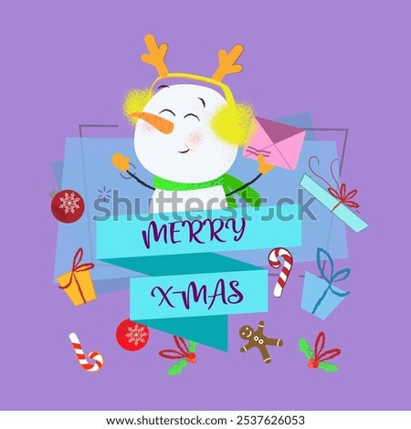 Merry X-mas lettering and snowman with envelope. Christmas greeting card. Typed text, calligraphy. For leaflets, brochures, invitations, posters or banners.