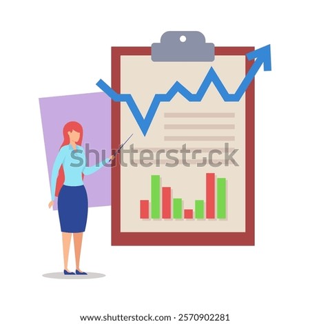 Businessman giving presentation vector illustration. Tiny woman with pointer near huge clipboard with bar chart and arrow up. Business report, finance, profit increase, presentation concept