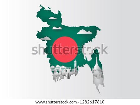 Paper cut out of Bangladesh map and famous landmark on flag,vector paper art and digital craft style
