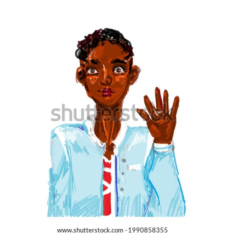 The African American young man raised his hand in greeting. Vector illustration.