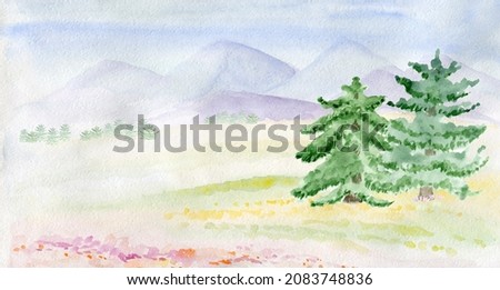 Landscape with mountains and fields. Watercolor illustration.