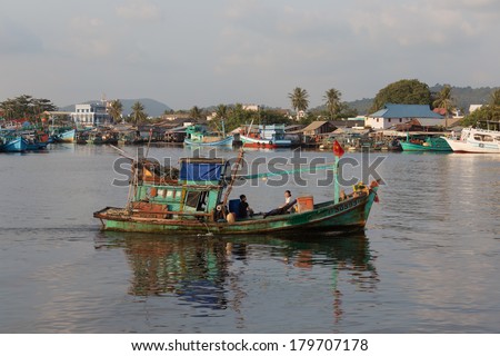 VIETNAM - 02.02.2014: The boat comes to the sea port of Phu Quoc, Vietnam