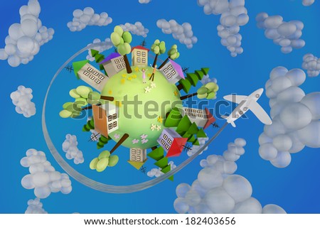 planet with flowers painted houses and a plane flies