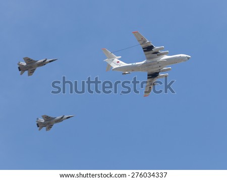 Moscow - May 7th, 2015: Powerful military planes imitate steam aerial refueling over Red Square on May 7th, 2015, Moscow, Russia