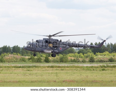 Moscow Region - June 17, 2015: The Russian Mi-8 helicopter of Russian Air Force shows off on demonstrations at air shows in Kubinka June 17, 2015 Moscow region, Russia