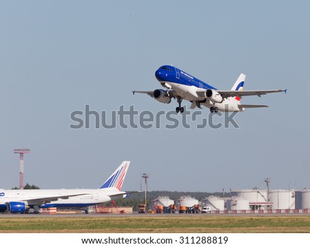 Moscow - August 6, 2015: A passenger plane Airbus A320-233 Air Moldova, tail number ER-AXP takes off at Domodedovo airport and on the background of bright blue sky on Aug. 6, 2015, Moscow, Russia