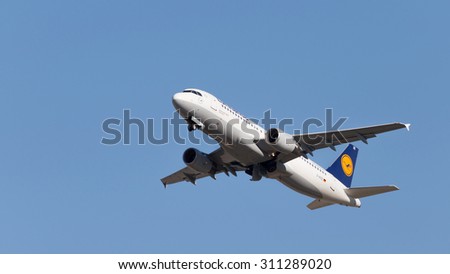 Moscow - August 6, 2015: A passenger plane Airbus A320-214 Lufthansa with the tail number D-AIZE takes off at Domodedovo airport and on the background of bright sky on Aug. 6, 2015, Moscow, Russia