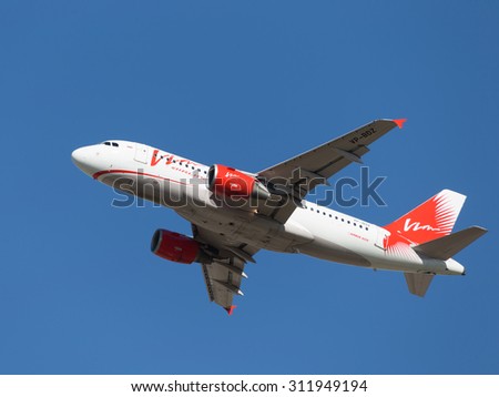 Moscow - August 20, 2015: Airbus A319-111 passenger plane takes off the air of Tatarstan in the Russian Domodedovo airport against the blue sky on Aug. 20, 2015, Moscow, Russia