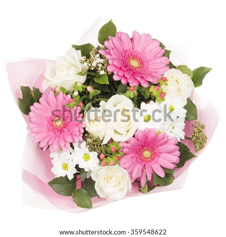 Similar – Image, Stock Photo Bouquet: gerbera and roses in yellow and pink in light blue watering can stands on stone floor