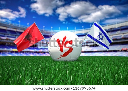 Albania vs Israel. League C, Group 1. Europe football competition 3d concept. White soccer ball with the flag in the stadium. Foto stock © 