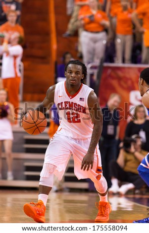 CLEMSON, SC - JAN 11, 2014 Rod Hall looks for an open lane to the basket