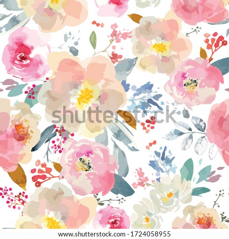 Seamless watercolor romantic floral pattern on a white background. Vector format. White Background.