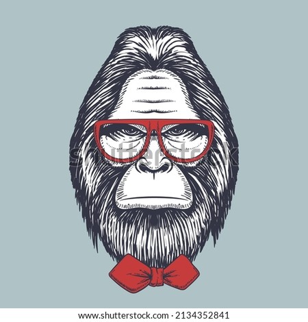 Bigfoot hand drawn wearing a red glasses and bow tie for your company or brand