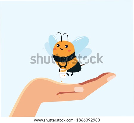 The illustration shows a cute bee. Cute childish character. Rescue of bees in human hands. Cute bee in the palm of a man. The salvation of the planet is in the hands of man.