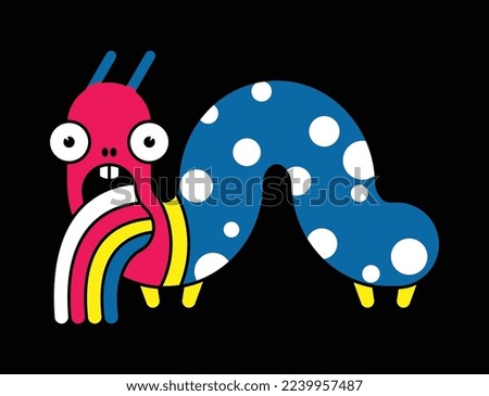 A cartoon monster who is sick of a rainbow. Cute and funny caterpillar-like creature in trippy style. Vector illustration on a black background.