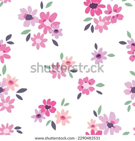 Seamless floral pattern, liberty ditsy print with tiny spring botany. Cute botanical design for fabric, paper: small hand drawn flowers, leaves on a white background. Trendy flower surface. Vector.