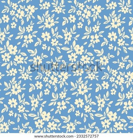 Seamless floral pattern, liberty ditsy print with pretty sketch botany. Artistic botanical design: small hand drawn white flowers, tiny leaves on a blue background. Vector illustration in two colors.