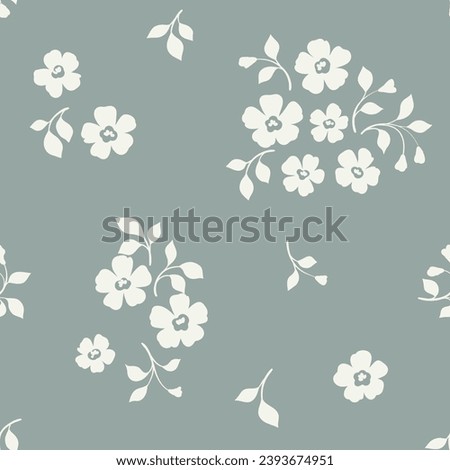 Seamless floral pattern, simple cute ditsy print with folk rustic motif. Delicate botanical design, flower ornament: small hand drawn flowers, leaves on a gray background. Vector pattern in two colors