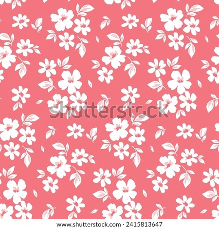 Seamless floral pattern, liberty ditsy print in a romantic sketch motif. Cute botanical design in spirit colors: small hand drawn flowers, tiny leaves, simple bouquets on pink. Vector illustration.