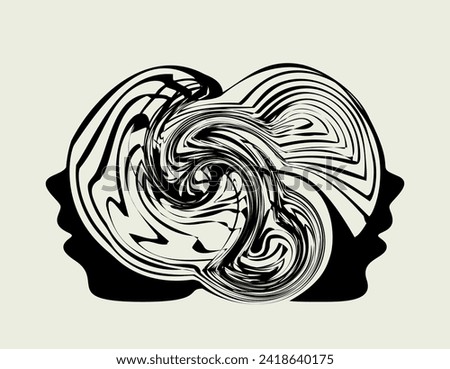 Mental disorder, psychological crisis in relationships. Two people connected through their minds, confused thoughts. Concept of painful relationships, dual consciousness. Vector graphic illustration.