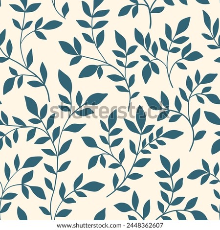 Seamless botanical pattern, abstract nature ornament: leaves silhouettes. Simple floral surface design: hand drawn small foliage, blue branches on a white background. Vector illustration in two colors