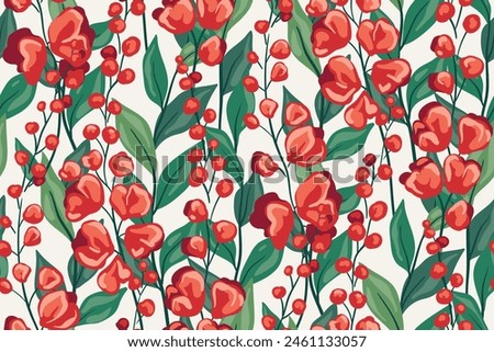 Seamless floral pattern, elegant ditsy print, abstract flower ornament. Beautiful botanical design: hand drawn small red flowers, stems, large leaves, branches on white background. Vector illustration