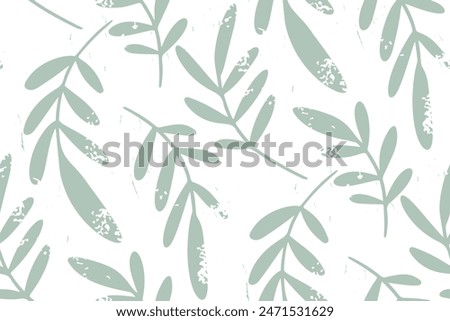 Seamless botanical pattern, abstract ornament with simple leaves. Two-color floral surface design: hand drawn foliage silhouettes, distressed texture on white background. Vector illustration.