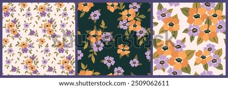 Seamless floral pattern, liberty ditsy print, abstract ornament in retro motif. Decorative art botanical design: large hand drawn yellow flowers, leaves, simple small bouquets. Vector illustration.