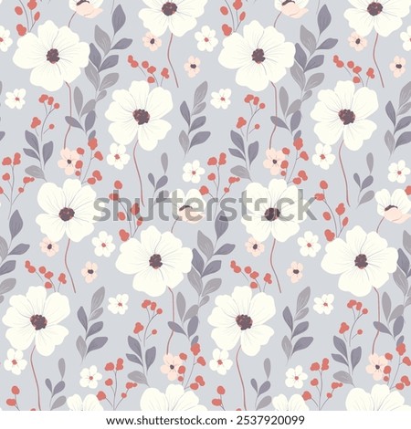 Seamless floral pattern, delicate ditsy print, abstract ornament of hand drawn wild plants. Pretty botanical design: large white poppies, small flowers, leaves, herbs, gray field. Vector illustration.