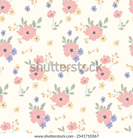 Seamless floral pattern, abstract ditsy print in romantic motif. Cute gentle botanical design in pastel colors: large hand drawn pink flowers, small daisies, leaves on white Simple vector illustration