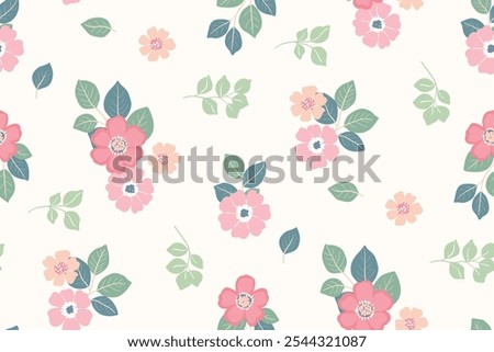 Seamless floral pattern, cute ditsy tile print, abstract ornament of gentle decorative flowers. Botanical surface design: small hand drawn flowers, green leaves, bouquets on white. Vector illustration