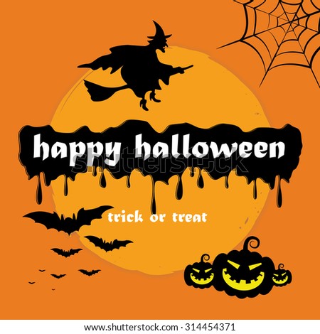 Happy Halloween Poster Design With Ghost Pumpkin, Spider, Bat And Witch On Orange Background Pattern.