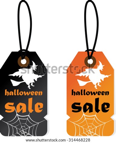 Halloween sale tag, badges and labels in vintage style on black and orange tags.