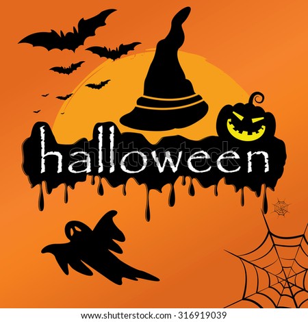 Halloween Poster Design With Ghost Pumpkin, Bats, Spider And Witch Hat On Orange Background Pattern.