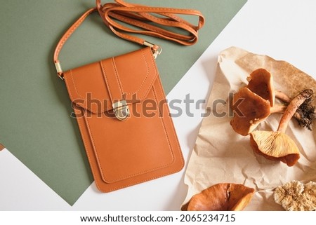 small brown bag and poisonous toadstools on a green background, eco-leather from mushroom mycelium concept, natural textiles, vegan leather from natural recyclable materials Stock foto © 