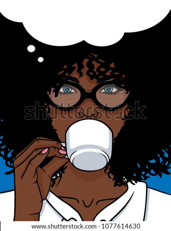 Vector illustration of African American type woman face with glasses and curly hair. Beautiful girl drinking a coffee